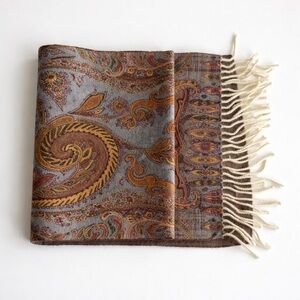 Vintage 100% Wool Paisley Scarf | Double-Sided Plaid | Classic Fringe Wrap